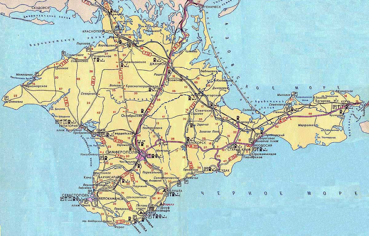 Карта Крыма - Алушта, Евпатория, Симферополь, автомобильные дороги, Феодосия